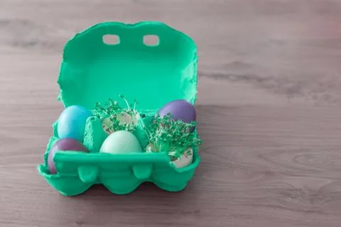 Decorative handmade easter egg present box with eggs and cress. Beautiful dec Stock Photos