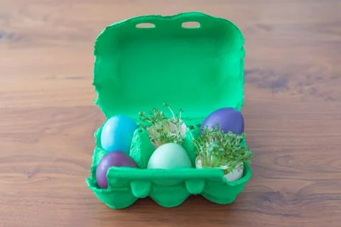 Decorative handmade easter egg present box with eggs and cress. Beautiful dec Stock Photos