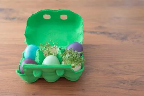 Decorative handmade easter egg present box with eggs and cress. Beautiful dec Stock Photos