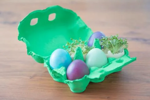 Decorative handmade easter egg present box with eggs and cress. Beautiful dec Stock Photos