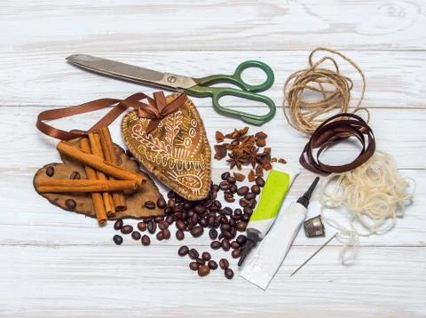 Decorative handmade heart and objects for its creation Stock Photos