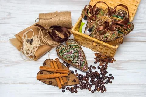 Decorative handmade heart and objects for its creation Stock Photos