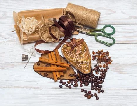 Decorative handmade heart and objects for its creation Stock Photos