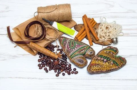 Decorative handmade heart and objects for its creation Stock Photos