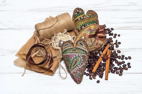 Decorative handmade heart and objects for its creation Stock Photos