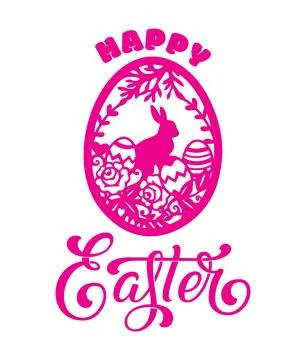 Decorative Happy Easter Design with Pink Egg, Bunny and Calligraphy Text Illustrazione stock