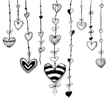 Decorative hearts hanging from strings in a simple pattern on a white backg.. 스톡 일러스트
