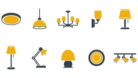 Decorative home lighting solutions and lamp icons with lighting, chandelier Stock Illustration