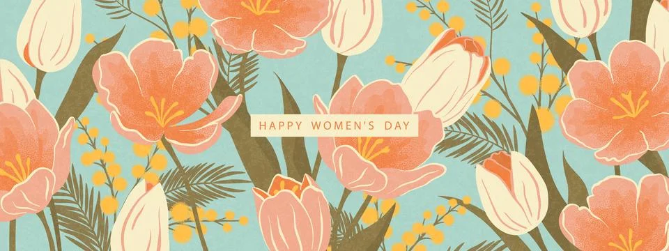 Decorative horizontal backdrop with tulips and yellow mimosa in grainy retro  Stock Illustration