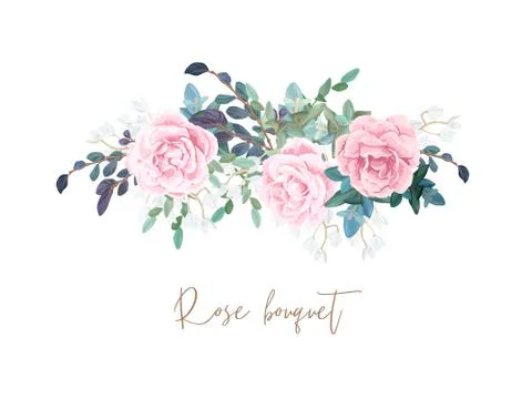 Decorative horizontal garland composition of pale roses, white spring flowers 库存插图