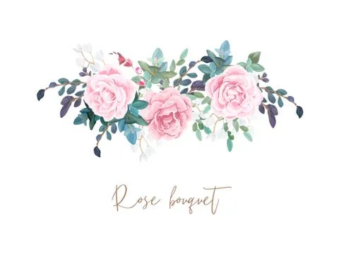 Decorative horizontal garland composition of pale roses, white spring flowers Stock Illustration