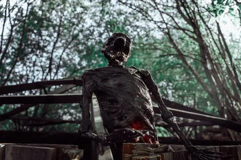 Decorative human corpse. The body is attached to a wooden structure in nature Stock Photos