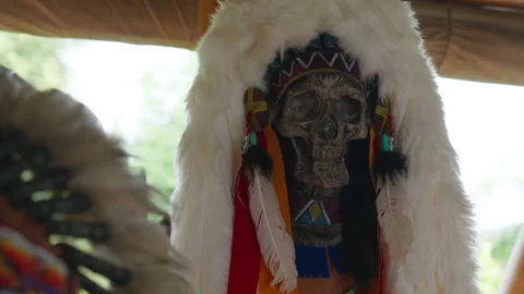 A decorative human skull with carved patterns and a fur hat Stock Footage 314213373