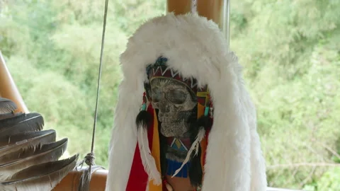 A decorative human skull with carved patterns and a fur hat Stock Footage 314213550