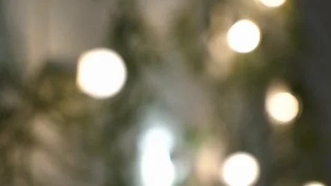 Decorative indoor string lights hanging at white bricks wall with fir Stock Footage 98257914