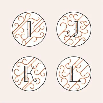 Decorative Initial Letters I, J, K, L. Stock Illustration