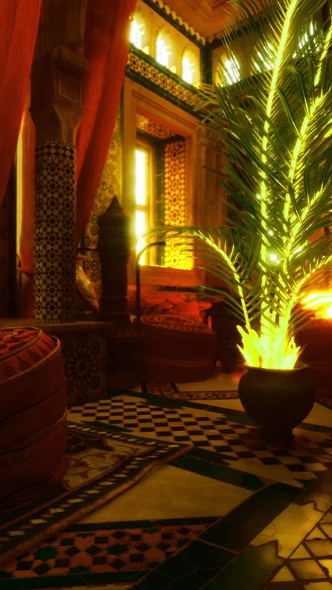 Decorative interior with vibrant palm trees illuminated at sunset 库存影片 327782087
