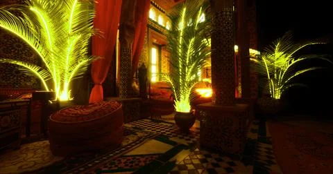 Decorative interior with vibrant palm trees illuminated at sunset 스톡 일러스트