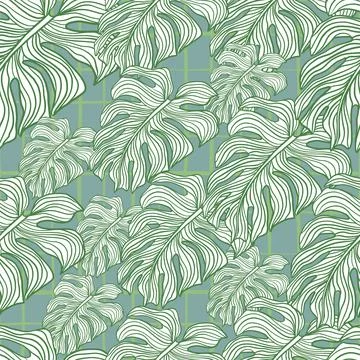 Decorative jungle seamless pattern with green contoured monstera leaf print.  Stock Illustration