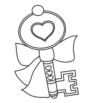 Decorative key with bow, outline drawing, isolated object on a white background, Stock Illustration