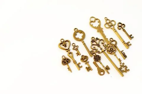 Decorative keys of different sizes, stylized antique. 库存照片