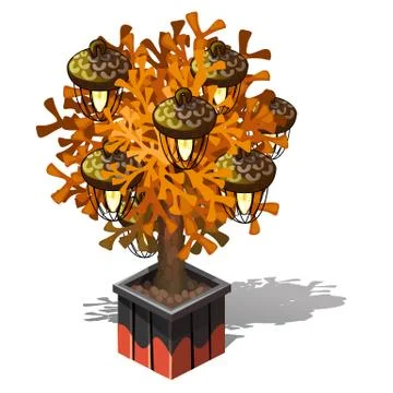 Decorative lamp in the form of a potted tree with plafonds in the form of acorns Stock Illustration