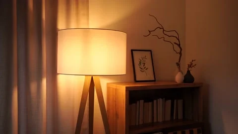 Decorative lamp shade with warm light next to a bookshelf Stock Footage 222900758