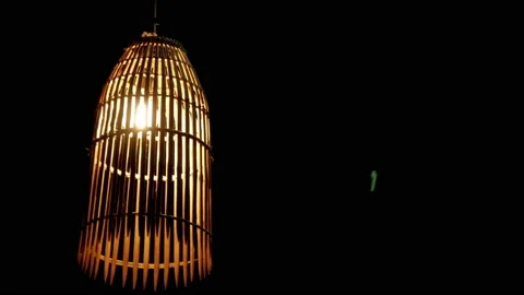Decorative lantern lamp with bamboo lampshade at night Stock Footage 135053373