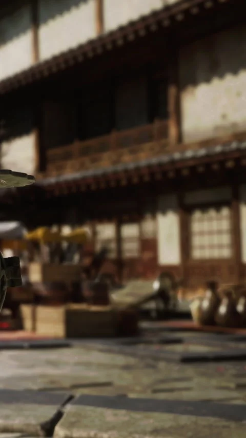 Decorative lantern next to traditional building in outdoor courtyard Stock Footage 337959839