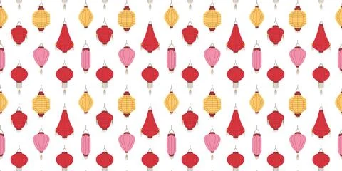 Decorative lantern seamless pattern in flat style. Red, pink and yellow oriental イラスト素材