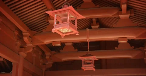 Decorative Lanterns Hang from Buddhist Temple Ceiling in Hong Kong Stock Footage 68104386