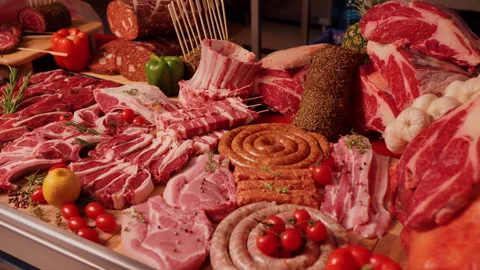 Decorative layout of meat goods on display on the table. Stock Footage 295269635