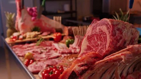 Decorative layout of meat goods on display in a butchers kitchen. Stock Footage 295269651