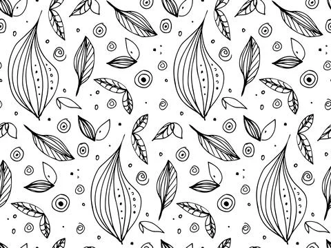 Decorative leaf hand drawn doodle sketch seamless pattern. Linear Natural Stock Illustration