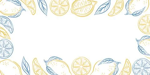Decorative lemon and leaf frame in blue and yellow line art style isolated on Stock Illustration