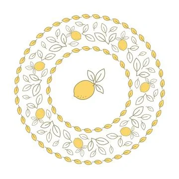 Decorative lemon frame with hand drawn yellow fruits and leaves circular bo.. Stock Illustration