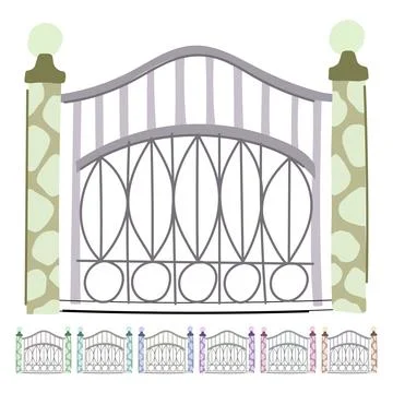 Decorative metal gate with stone pillars providing security graphic Stock Illustration