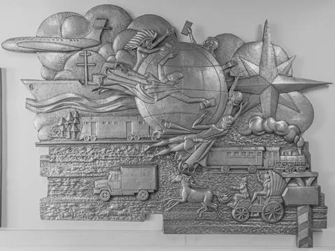 Decorative metal panel on the theme of mail in the building of the left bank  Stock Photos