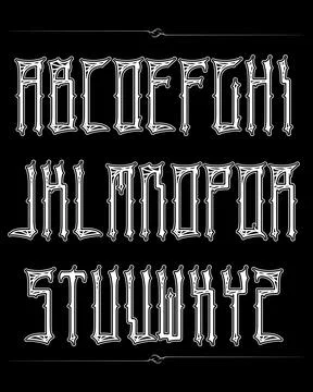 Decorative modern gothic typeset on black background.Vector alphabet. Stock Illustration