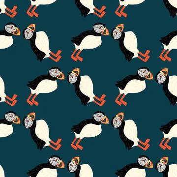 Decorative nature wild seamless pattern with black and white colored puffin b Stock Illustration