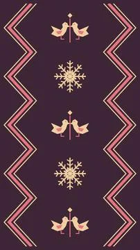 A decorative Nordic-inspired repeat features stylized birds, snowflakes, ch.. Stock Illustration