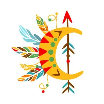 Decorative Object With Arrow , Feathers And Crescent Shape, Native Indian Stock Illustration