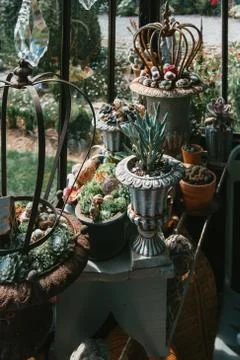 Decorative objects and plants in a veranda Foto stock