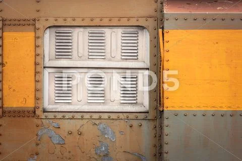 Decorative old metal window with old train Stock Photos
