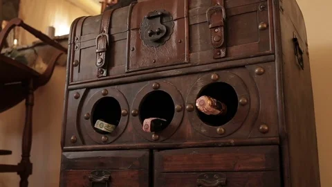 Decorative open the chest for storing wine bottles in the store's background Stock Footage 82384500