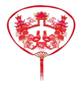 Decorative opened fan with patterns of Year of rooster design for Chinese N.. Illustrazione stock