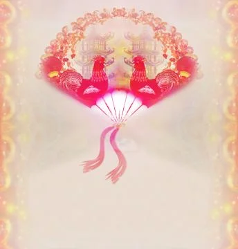 Decorative opened fan with patterns of Year of rooster design イラスト素材