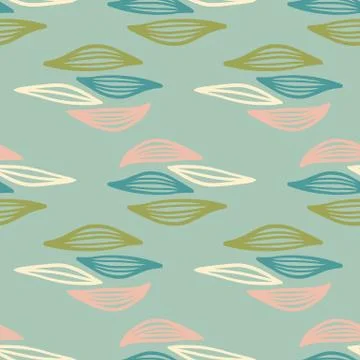 Decorative ornamental seamless spring pattern. Outline leaves in green, blue  Stock Illustration