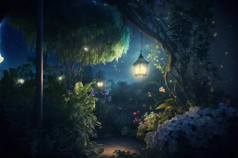 Decorative Outdoor String Lights Hanging In The Garden At Night Stock Illustration