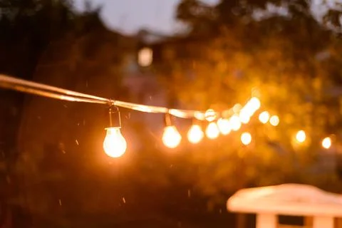 Decorative outdoor string lights hanging on the tree in the back yard at nigh Stock Photos